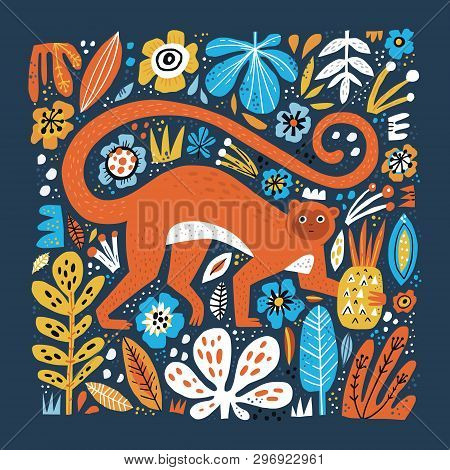 Monkey Flat Hand Drawn Floral Background. Wild Rainforest Animal Vector Poster. Flowers And Leaves D