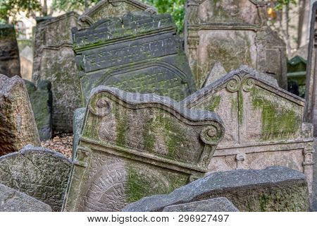 Prague, Czech Republic - September 26, 2018: Tombstones On Old Jewish Cemetery In The Jewish Quarter