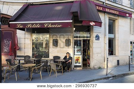 Paris, France-april 20 , 2019: The Traditionnal French Cafe La Petite Chaise Located On Beaumarchais