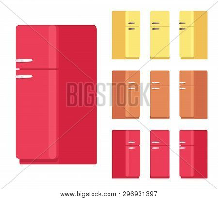 Retro Fridge Set, Kitchen Equipment. Refrigerator To Keep Cool, Appliance To Store Food And Drink Fr