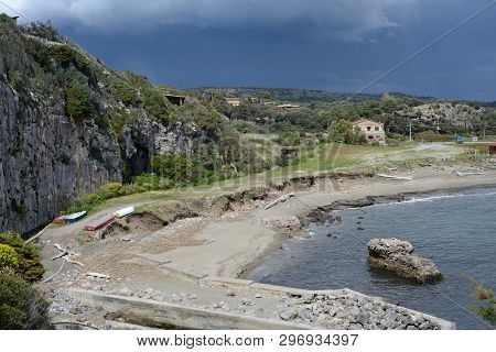 Scenic View Of Mediterranean Coastline In  Ansedonia Bay, With The Rocky Face Called 