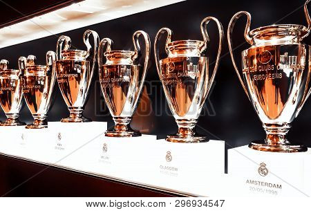 Madrid, Spain - Jun 04, 2018: Uefa Champions League Cups, Which Won The Real Madrid Football Club On