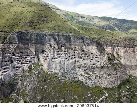 Aerial View To Vardzia Cave Monastery - Excavated From Erusheti Mountain On The Left Bank Of The Mtk