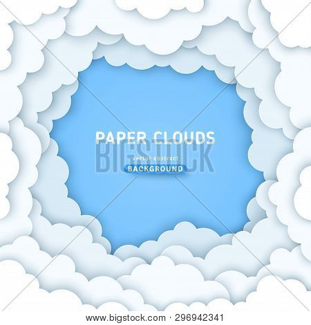 Clouds Paper Cut Background. Volumetric Cloudy Blue Sky, 3d Color Illustration. Cloudscape Vector Bo