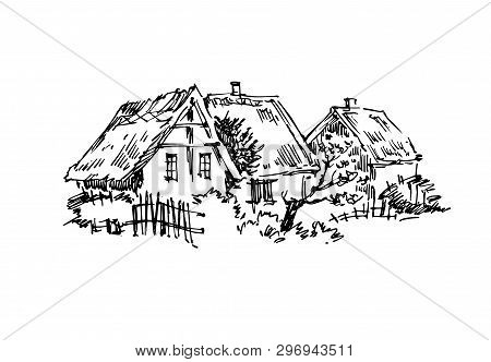 Rural Sketch Andscape. Vector Illustration. Ink Hand Drawing Landscape.