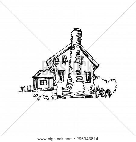 Rural Sketch Andscape. Vector Illustration. Ink Hand Drawing Landscape.