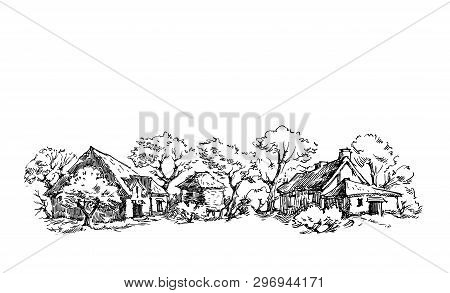 Rural Sketch Andscape. Vector Illustration. Ink Hand Drawing Landscape.