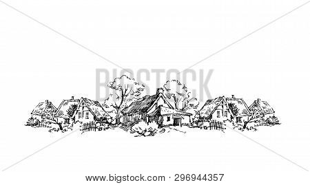 Rural Sketch Andscape. Vector Illustration. Ink Hand Drawing Landscape.