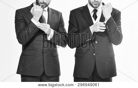 Male Hands Adjusting Business Suit Close Up. Confident In His Style. Business People Choose Formal C