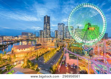 Yokohama, Japan skyline at dusk towards the Minato Mirai district at dusk.