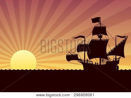 Cartoon Illustration Of Sailing Ship At Sunset.