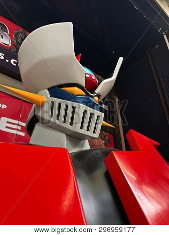 Osaka, Japan - Apr 2019 - Close Up Of Vintage Statue Of Amazing Mazinger Z Robot In Toys Shop.