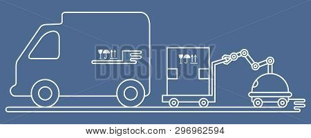 Vector Illustration With Robot Loader Loads Boxes Into A Truck. Automation Warehouse Processes. Smar