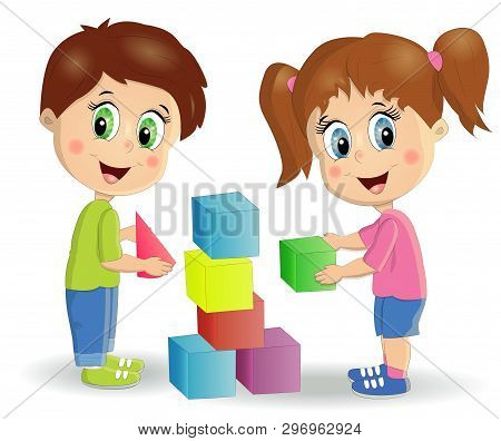 Children Build Tower With Blocks. Kids Play Using Kit With Bright Colored Cubes. Montessori Material