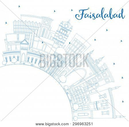 Outline Faisalabad Pakistan City Skyline with Blue Buildings and Copy Space. Business Travel and Tourism Concept with Modern Architecture. Faisalabad Cityscape with Landmarks.