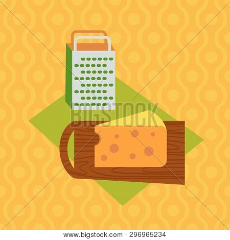 Cheese Slice Flat Hand Drawn Vector Top View. Grater, Cheese To Grate. Kitchenware Cooking Utensil C