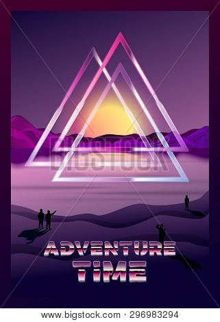 Vector Poster Design Template In 80s Retro Futurism Style, With Odin Symbol Valknut Over The River A