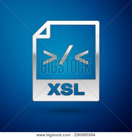 Silver Xsl File Document Icon. Download Xsl Button Icon Isolated On Blue Background. Excel File Symb