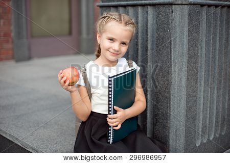 Happy Little Schoolgirl With Blond Hair In School Uniform With Lunch, Book Sits Near School.