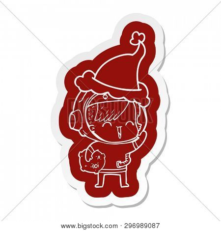 quirky cartoon  sticker of a happy spacegirl holding moon rock wearing santa hat