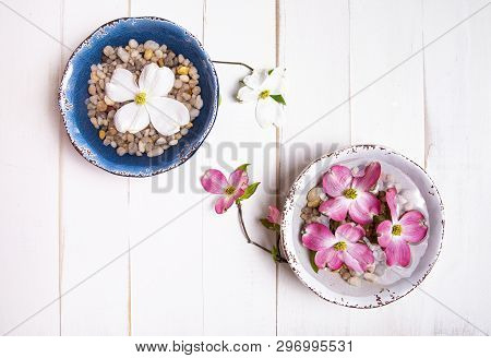 Pink And White Dogwood Blooms Floating Over Rocks In Water-filled Bowls On A Tabletop.