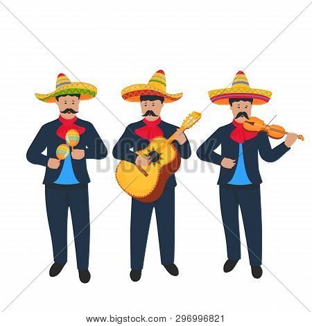 Cinco De Mayo. 5th Of May. Street Mexican Musicians Play The Violin, The Maracas And The Guitar. Mus