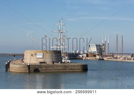 Lelystad, The Netherlands - February 23, 2019: Harbor With Pier And Restaurant In Capital City Lelys