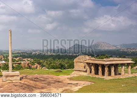 Hampi, Karnataka, India - November 4, 2013: Sunset Hill Aka Hemakatu. Down Hill  Temple Ruin And Pil