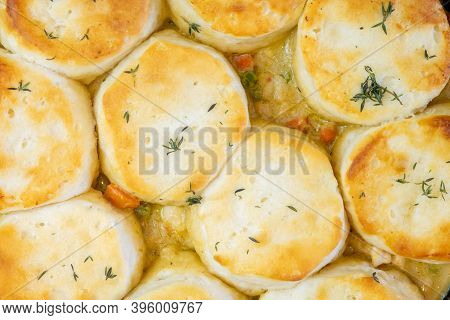 Close Up Of Chicken Pot Pie With Biscuits Used On Top Cooked To A Toasty Golden Brown In A Cast Iron