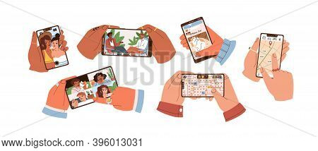 Set Of Hands Touch Smartphone Screen And Hold Mobile Phones With Apps For Taking Selfie, Watching Vi