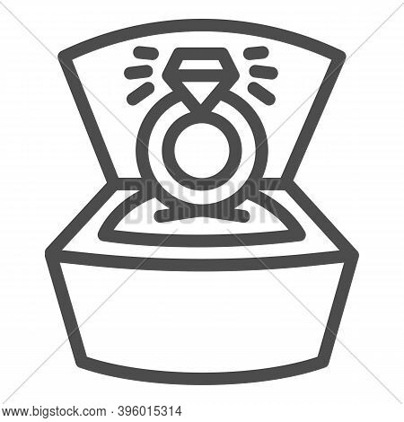 Ring With Diamond In Open Box Line Icon, Valentine Day Concept, Wedding Ring With Brilliant Sign On 