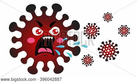 Vector Illustration Of A Coronavius Is Coughing. Vector Illustration Of Angry Coronavirus And Cough.