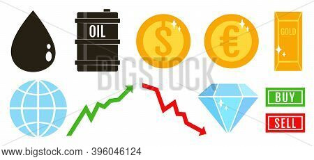 Vector Set Icons Of Barrel, Oil, Gold, Diamond, Globe And Money. Vector Set Icons For Stock Exchange