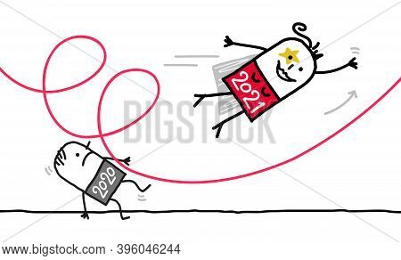 Hand Drawn Cartoon 2021 Flying And Looping Super Girl, Pushing Down A 2020 Man