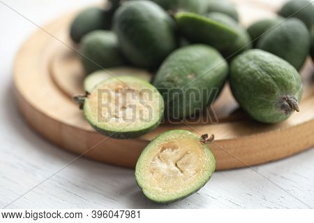 Feijoa Green On A Light Background. Feijoa Selloana Is A Fruit Crop From Tropical Regions. Organic H