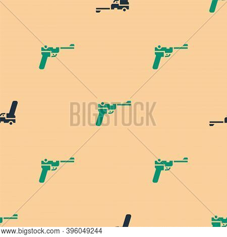Green And Black Mauser Gun Icon Isolated Seamless Pattern On Beige Background. Mauser C96 Is A Semi-