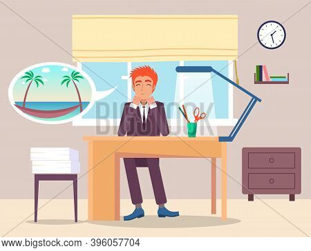 Office At Home, Remote Work At Distance Concept. Worker Man Dreaming About Summer Holidays Near Sea 