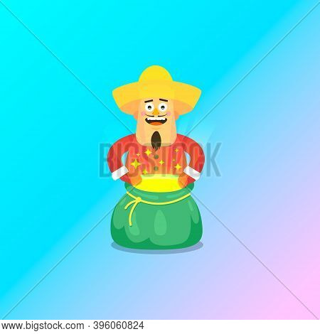 Colorful Simple Flat Art Vector Illustration Of Joyful Guy In A Sombrero And Christmas Outfit With A