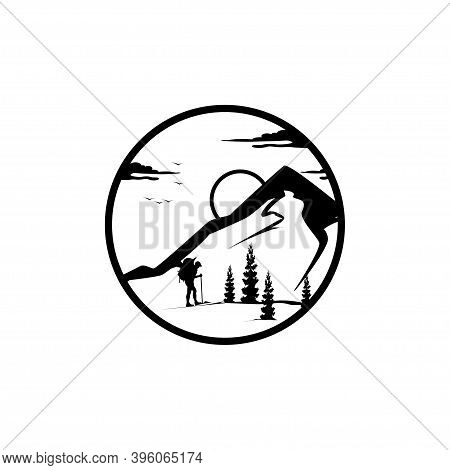 Silhouette Traveling People. Climbing On Mountain. Vector Illustration Hiking And Camping