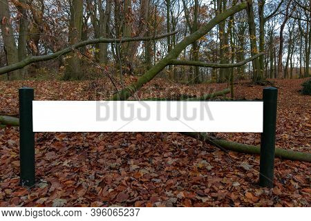 Blank Sign Board In A Park In Autumn Seasan Fall Leaves