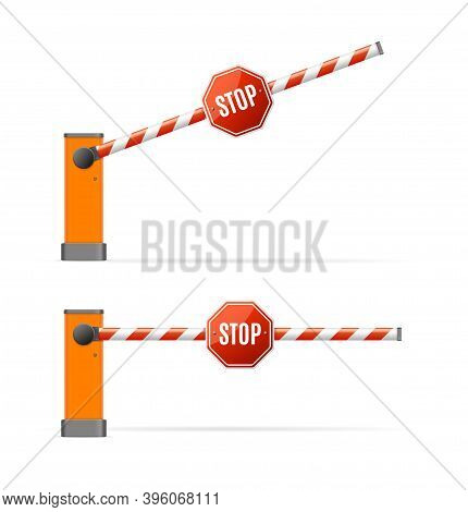 Realistic Detailed 3d Barrier Gate With Stop Sign Set Symbol Of Boundary For Security Or Constructio