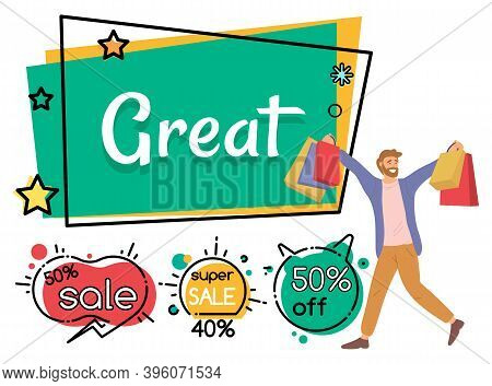 Announcement Of Discounts In The Store. Sale Advertisement Concept. Man With Shopping Bags In His Ha