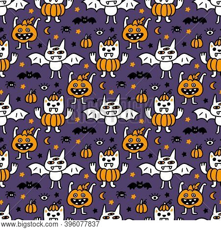 Seamless Pattern With сartoon Characters: Scary Pumpkin, Three-eyed Bat, Vampire Cat In Pumpkin Cost