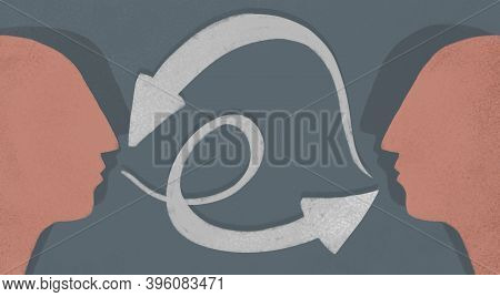 Illustration. Two People, And Communication Between Them. Collaboration, Ways Of Transferring Inform