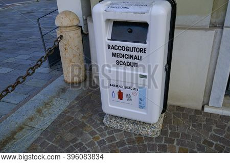 November 2020 Parma, Italy: Container For Collecting Of Expired Medicines In The City Street Close-u