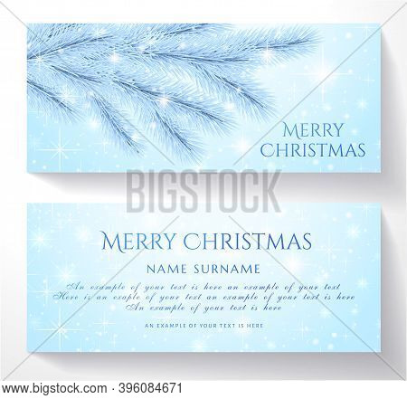 Christmas Greeting Card With Snowy Frozen Tree, Snowflakes, And Christmas Star On Blue Background. H