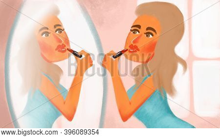 Illustration Girl In Front Of The Mirror Paints Her Lips With Red Lipstick, Preens, Applies Makeup