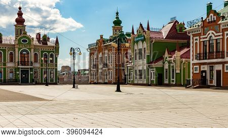 Yoshkar-ola, Mari El, Russia 30 July 2020: Arkhangelskaya Sloboda Beautiful Dutch Flemmish Houses. S