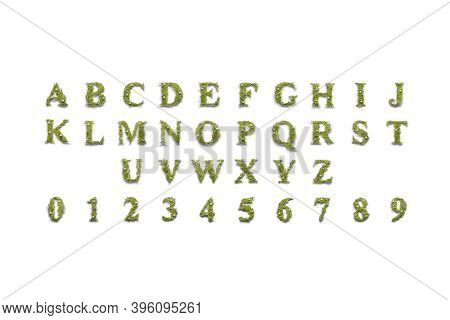 Decorative Capital Aphabet And Numbers, Xmas Font Mockup Set Isolated, 3d Rendering. Glowing Type Fi