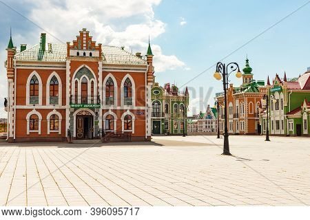 Yoshkar-ola, Mari El, Russia 30 July 2020: Arkhangelskaya Sloboda Quay Bruges Beautiful Brick House 